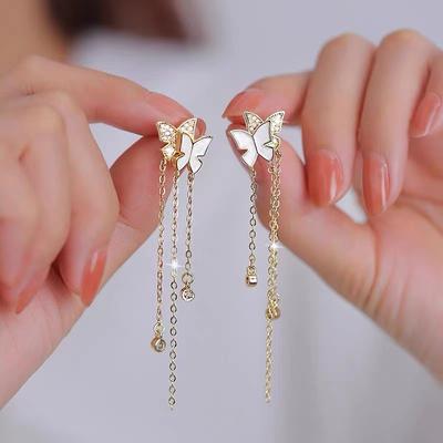 Moda Trendi Benzersiz Tasarım Zarif Narin Çift Kelebek Uzun Püskül Küpe Bayanlar Yüksek Mücevher Doğum Günü Partisi Hediye