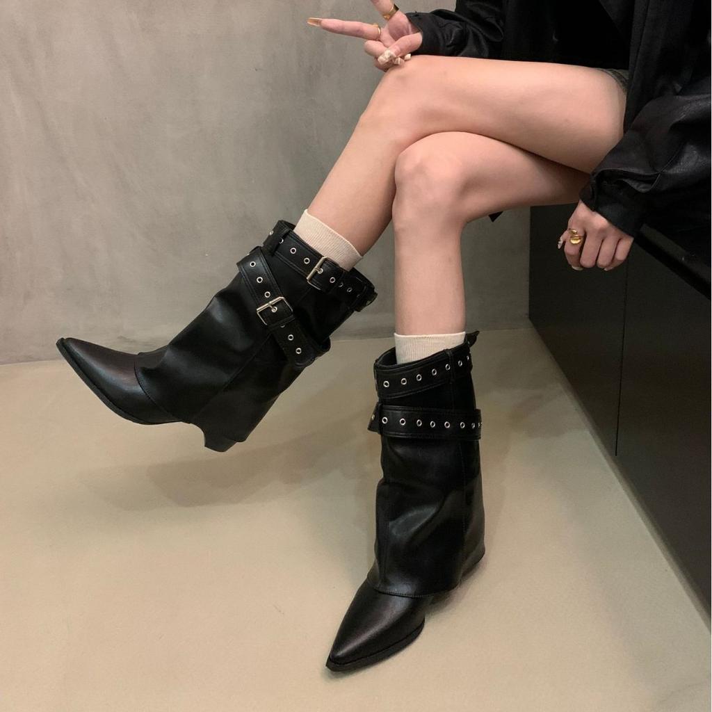 2025 Autumn and Winter New Pointed Rivet Western Boots Women's Knee Short Trouser Boots Belt Buckle Thick Heel Thin Boots
