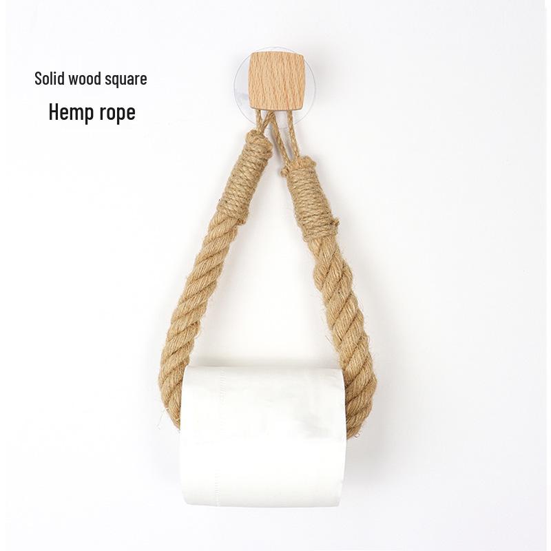 Handmade Woven Hemp Rope Tissue Holder with Solid Wood Roll Paper Rack