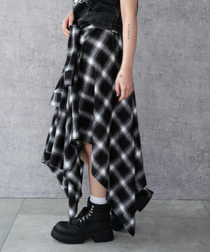 WEGO Irregular Hem Long Checkered Korean Size Black Women's Flannel-Like Skirt, Skirt, Fall/Winter Outfit, Streetwear, Casual, Style, Gift, F,