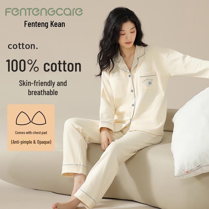 FENTENGCARE Women s 100% Cotton Long Sleeve Pajama Set with Pads L