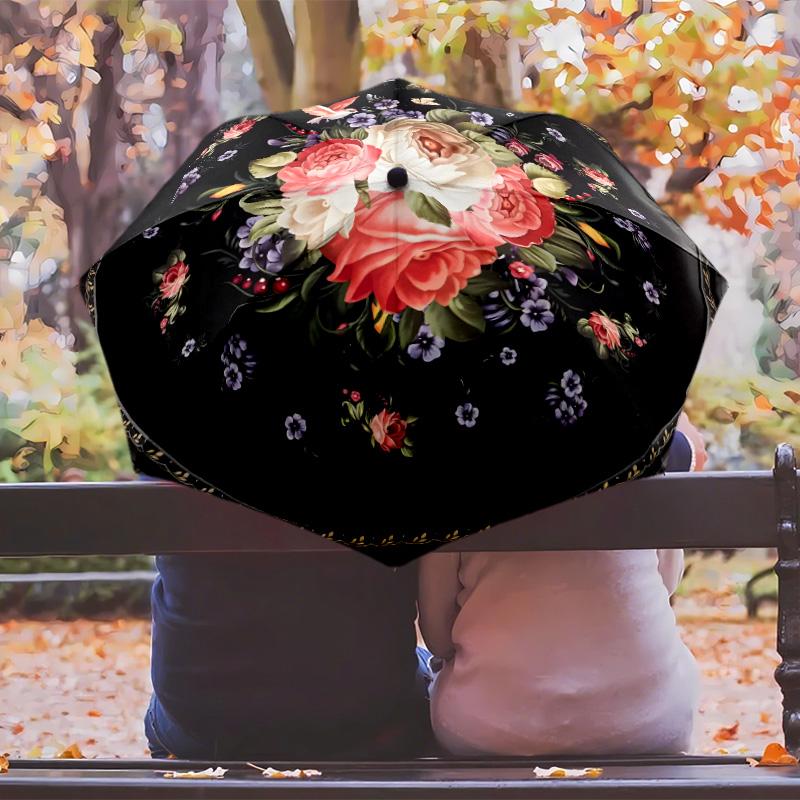 Retro flowers (2) Theme Automatic Umbrella Compact 8-Rib Design Sturdy Construction Durable Umbrella Stylish Accessory