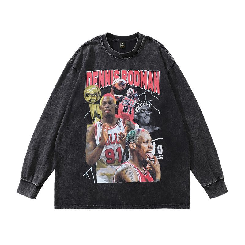 American High Street Heavy Long-Sleeved T-Shirt Men'S And Women'S Autumn And Winter Loose Retro Printed Vintage Top