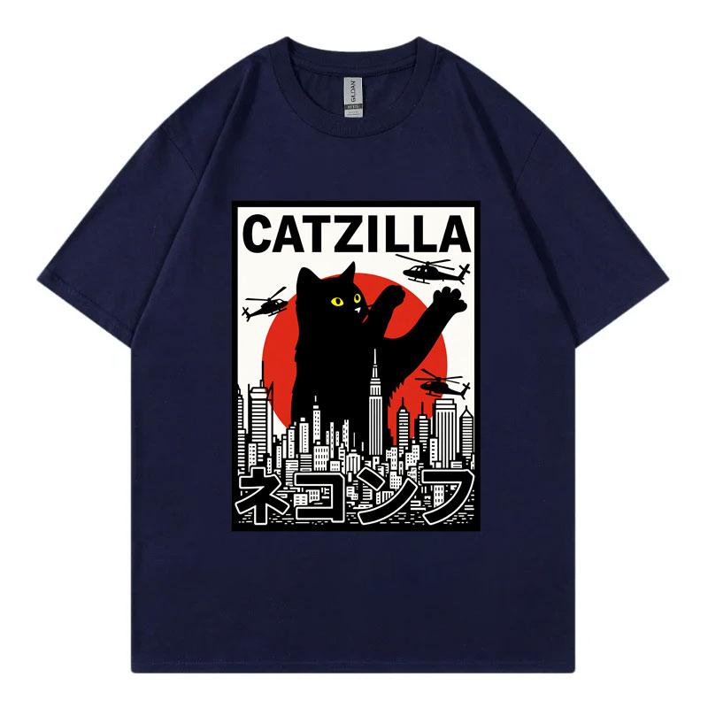Catzilla Funny Cat Attack Graphic T Shirts Harajuku Japanese Unisexga Short Sleeve Tshirts Unisex Unisex Casual Fashion Loose Tshirt