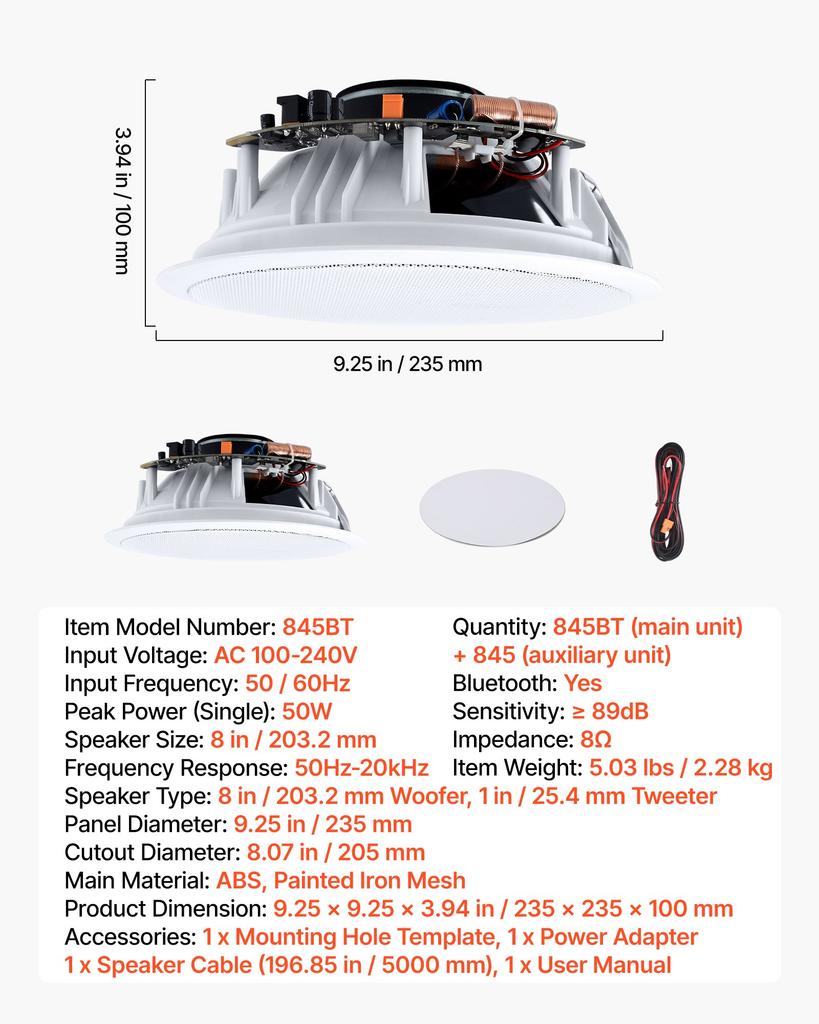 VEVOR Bluetooth Ceiling Speakers, 203.2mm, In Ceiling & In-Wall Speaker System with Amplifier, 2-Way Flush Mount Speakers