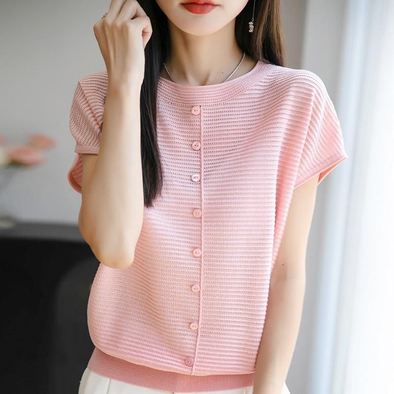 Sommar Ny Rund Hals Kortärmad Stickad Tröja T-shirt Topp och Baslager