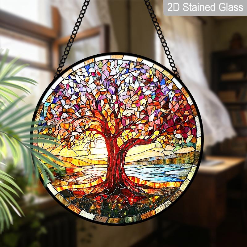 2D Flat Stained Glass Red Tree of Life Window Decoration, 7.87inches Lighting Colored Glass Plate with Chain, Charming Spring Summer Sun Catcher Home