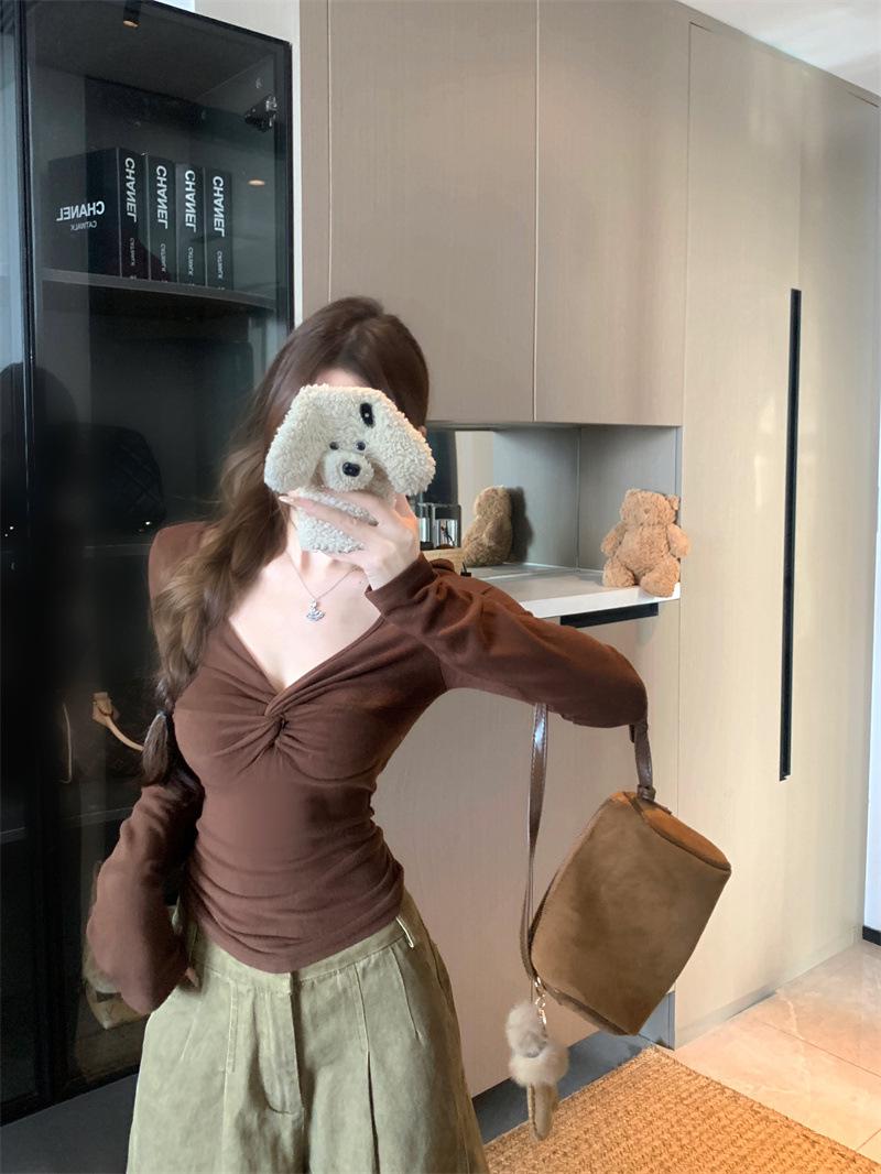Women s Slim-Fit Twisted V-Neck Long-Sleeve Top - Stylish Autumn/Winter Waist-Cinching Base Layer Small