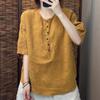Johnature Women Vintage Solid Color T-Shirts O-Neck Half Sleeve Button Loose Summer Casual T-Shirts