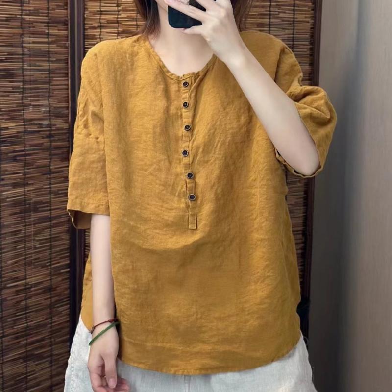 Johnature Women Vintage Solid Color T-Shirts O-Neck Half Sleeve Button Loose Summer Casual T-Shirts