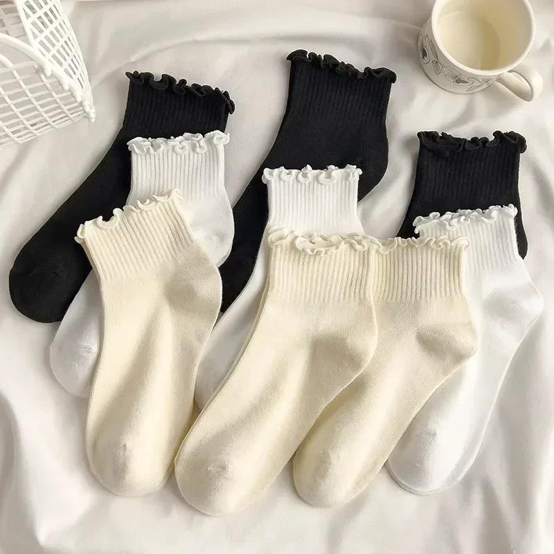 1/2/3pairs Cotton Ruffles Ankle Socks Women Lolita Cute Kawaii Korean Stocking Girl Spring Black White Middle Tube Japanese Sox