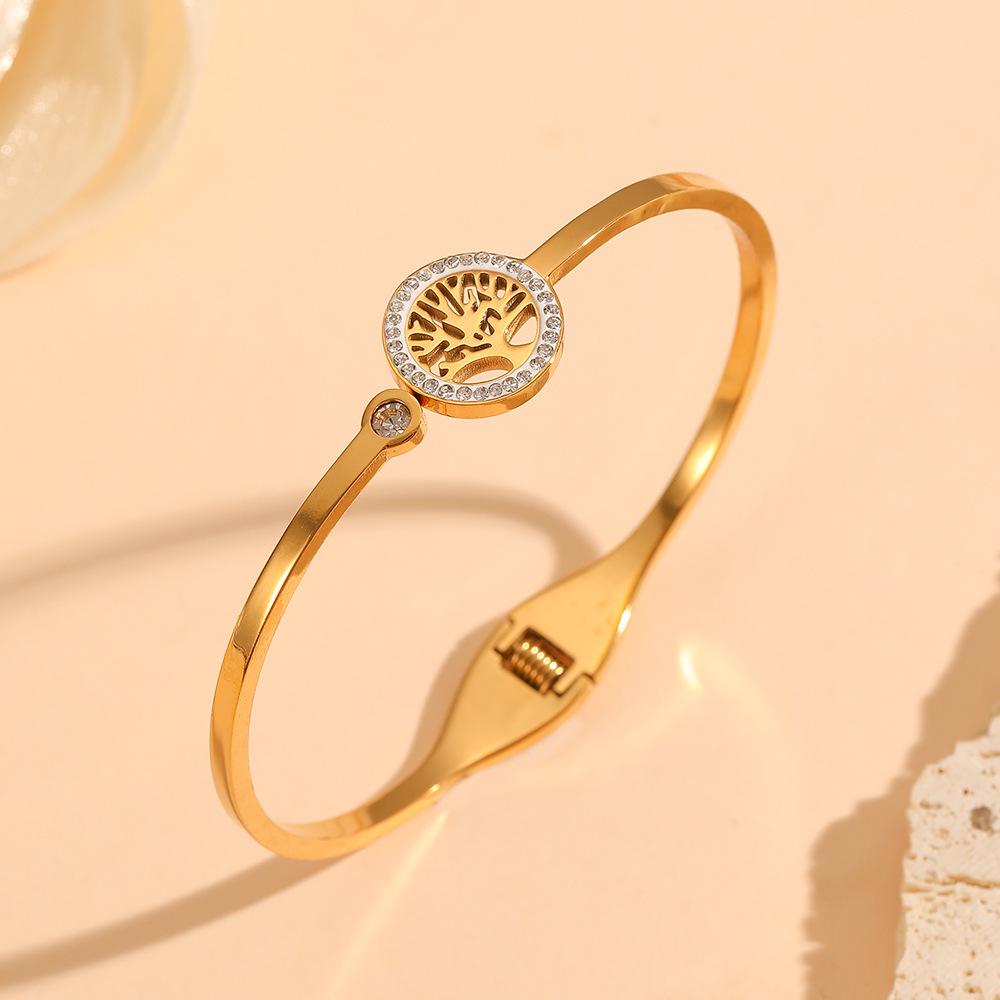 18K Gold-Plated Tree of Life Bracelet with Diamonds - Women s Titanium Steel