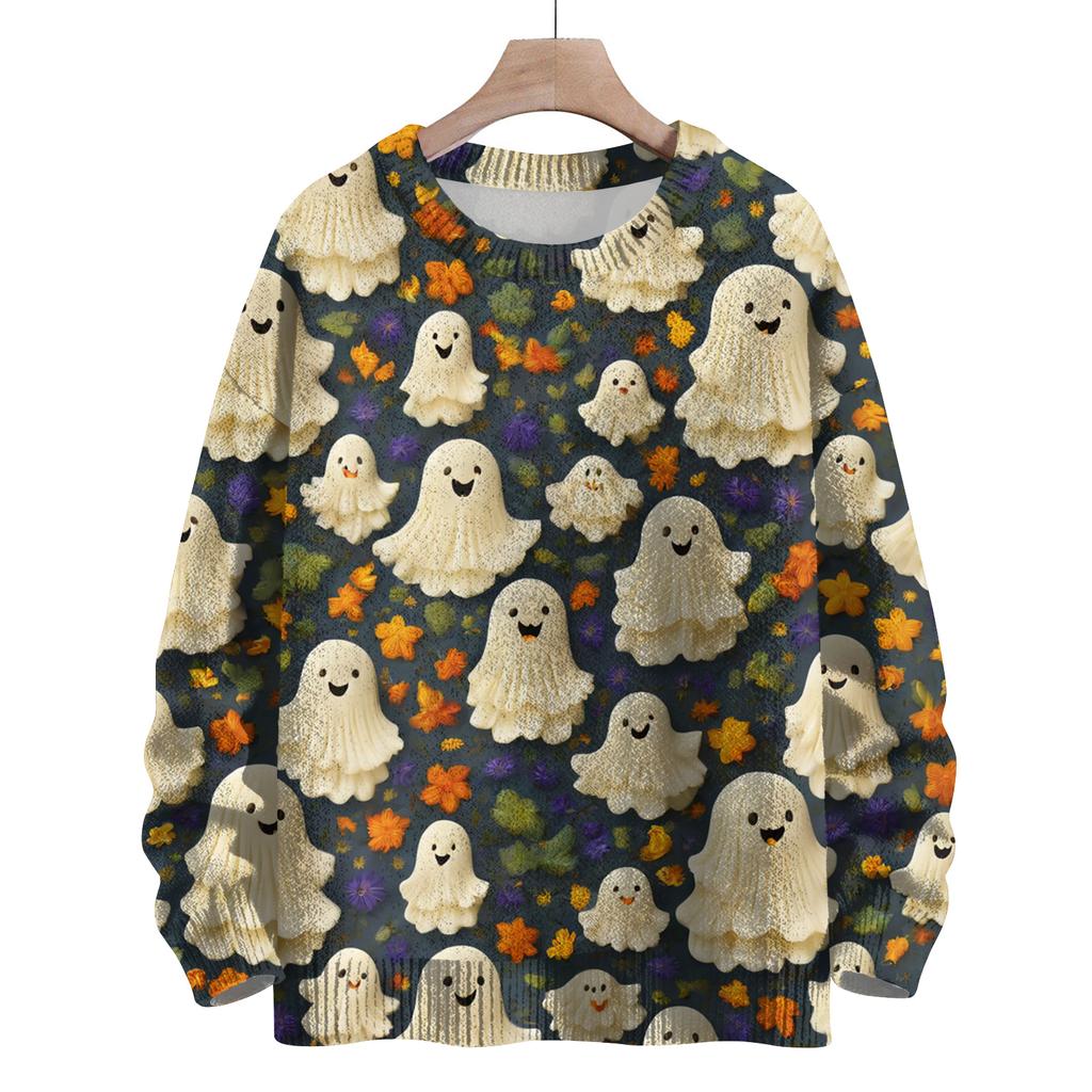 Ladies' Fashionable Casual Long Sleeved Halloween Printed Round Neck Knitted Yarn