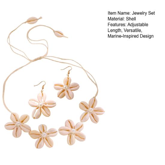 Natural Seashell Flower Jewelry Set Handmade Shell Necklace Earrings with Faux Pearl Accents Beach Vacation Casual Gift for Coastal Lovers