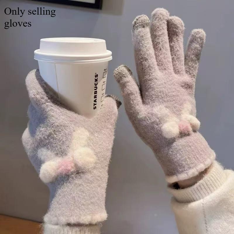 Touchscreen Knitted Gloves for Women  Autumn and Winter Knitted Yarn for Warmth Five Finger Cute Students