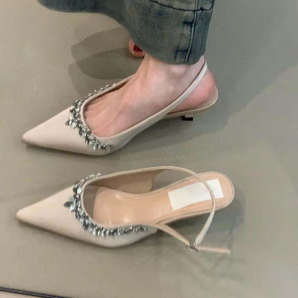 Spring and summer new pointed rhinestone fashion high heels stiletto with sexy temperament semi-drag cool slippers outside