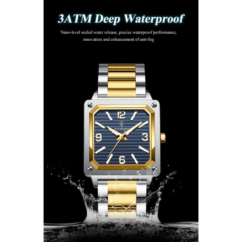 POEDAGAR Luxury Man Square Quartz Watch Waterproof Luminous Stainless Steel Watches Male Reloj+box