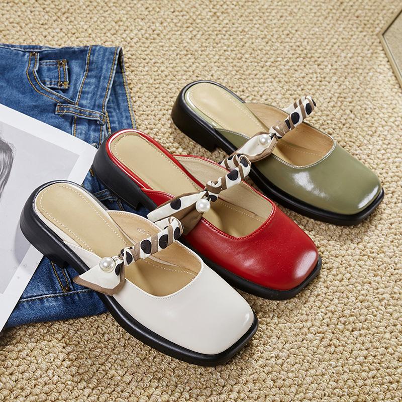Women's Leather Pointed Toe Mules - Low Chunky Heel Slip-On Pumps With Strap