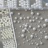 12-Grid High-Gloss Pearl Rice White Nail Art Decorations: 6-Piece Round and Half-Round Mixed Size Set