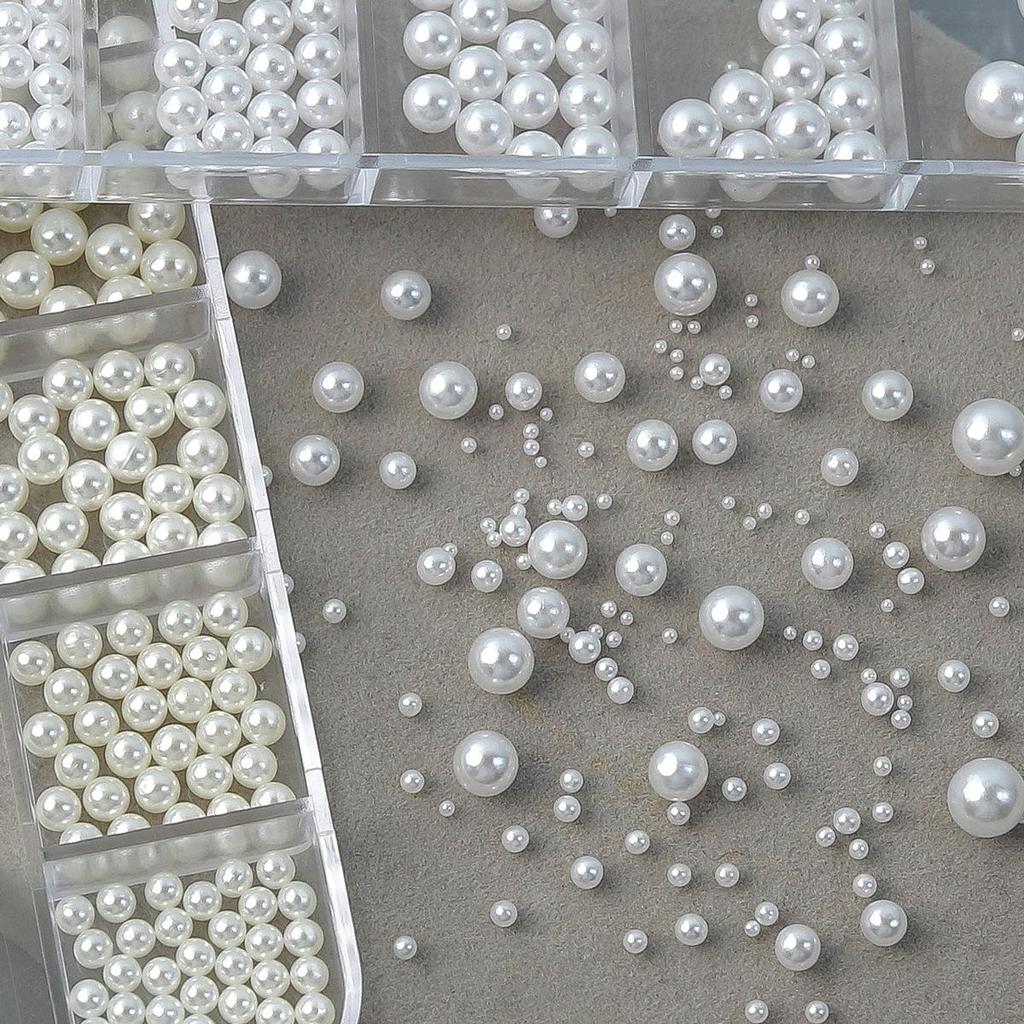 12-Grid High-Gloss Pearl Rice White Nail Art Decorations: 6-Piece Round and Half-Round Mixed Size Set