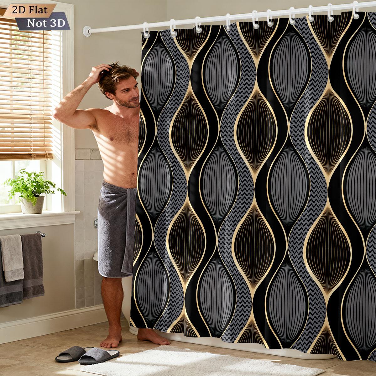 

1pc Black Gold Curved Line Printed Waterproof Shower Curtain Partition Privacy Hanging Curtain 12 Hooks In Various Sizes 90x180cm