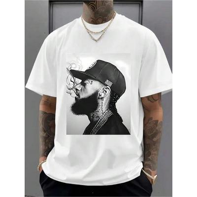 Europäische Größen Einzigartiges Grafik-T-Shirt mit bärtigem Mann Weiß - Stylisches Rundhals-Freizeit-T-Shirt mit coolem Ketten-Detail und Tattoo-Design