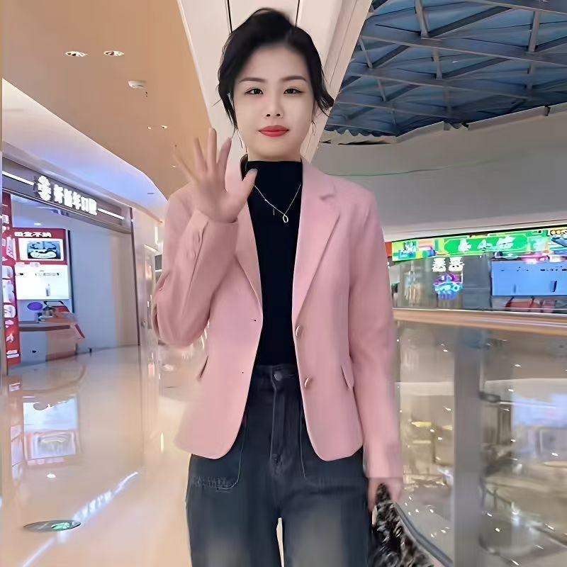 Coffee Short Suit Jacket for Women Spring and Autumn New Style Small Korean Style Casual Temperament Suit Pink Top