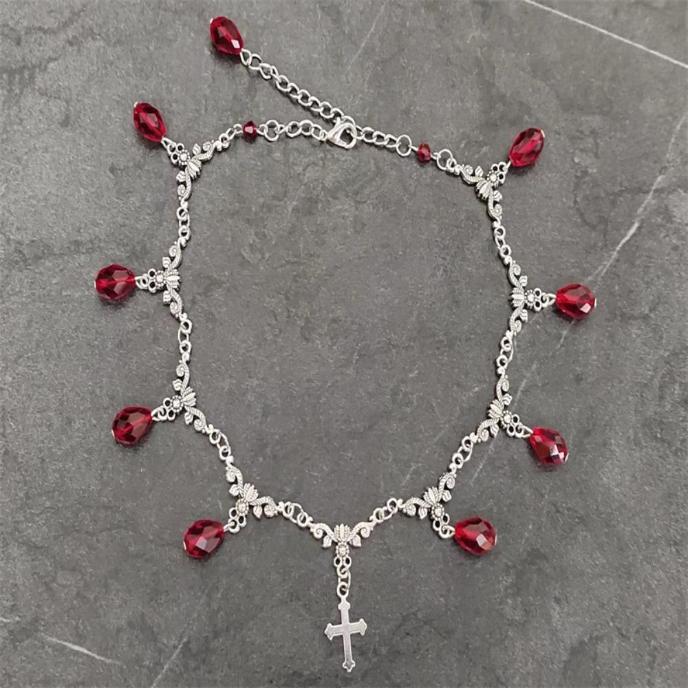 Romantic Gothic Blood Drop Crystal Bead Tassel Flower Cross Pendant Choker Necklace for Women Trendy Luxury Jewelry Party Gift