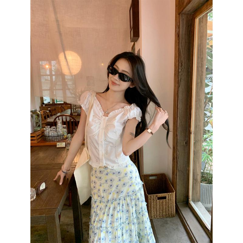 

Island Flowers Fresh Blue Floral Midi Skirt - Women s Spring Elastic Waist Tiered Long Skirt Small