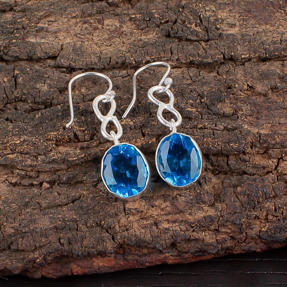 Swiss Blue Topaz Gemstone 925 Sterling Silver Jewelry Handmade Earrings 1.60" EE-12-5