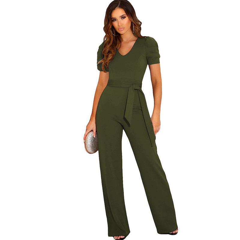 Combinaison Élégante d'Été 2025 pour Femmes - Col en V, Ceinture à Nouer, Couleur Unie, Manches Courtes, Pantalon Long Large