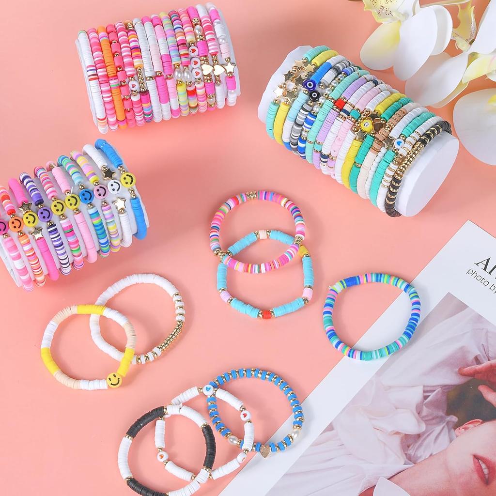 100pcs Colorful Friendship Bracelet Set Adjustable Stretch Beaded Bracelets /Heishi Bracelet/ Cute Bracelets/ Stack Vinyl Clay Disc Bead-Colorful