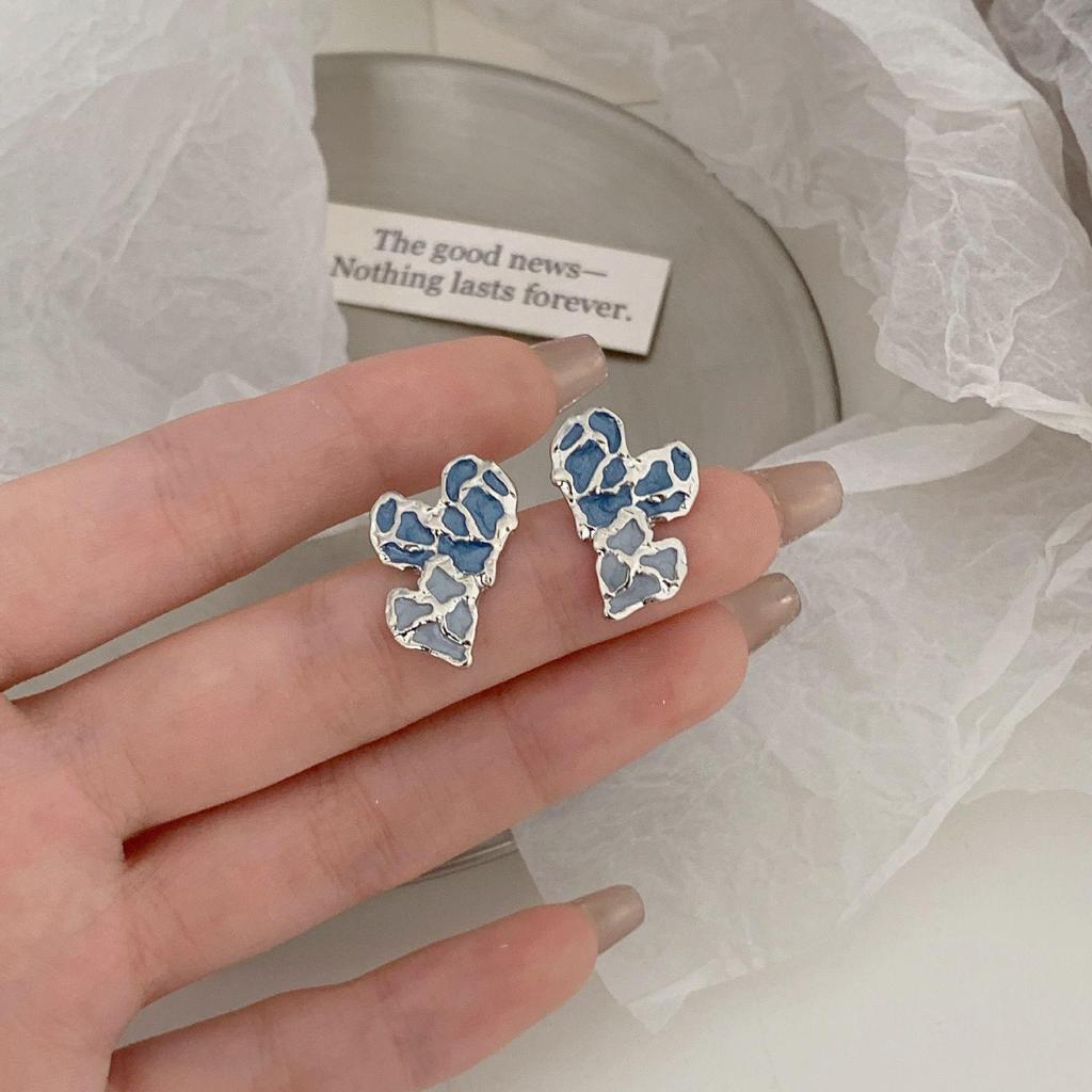 Orecchini Retro Irregolari Cuore Blu Argento S925 - Design Trendy di Alta Gamma a Colori a Contrasto