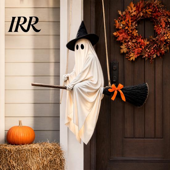 Playful Ghost Face Decoration Halloween Hanging Outdoor Decoration, Spooky LED Light Up Witch with Orange Bow Accents on Broom for Home, Tree, Porch,