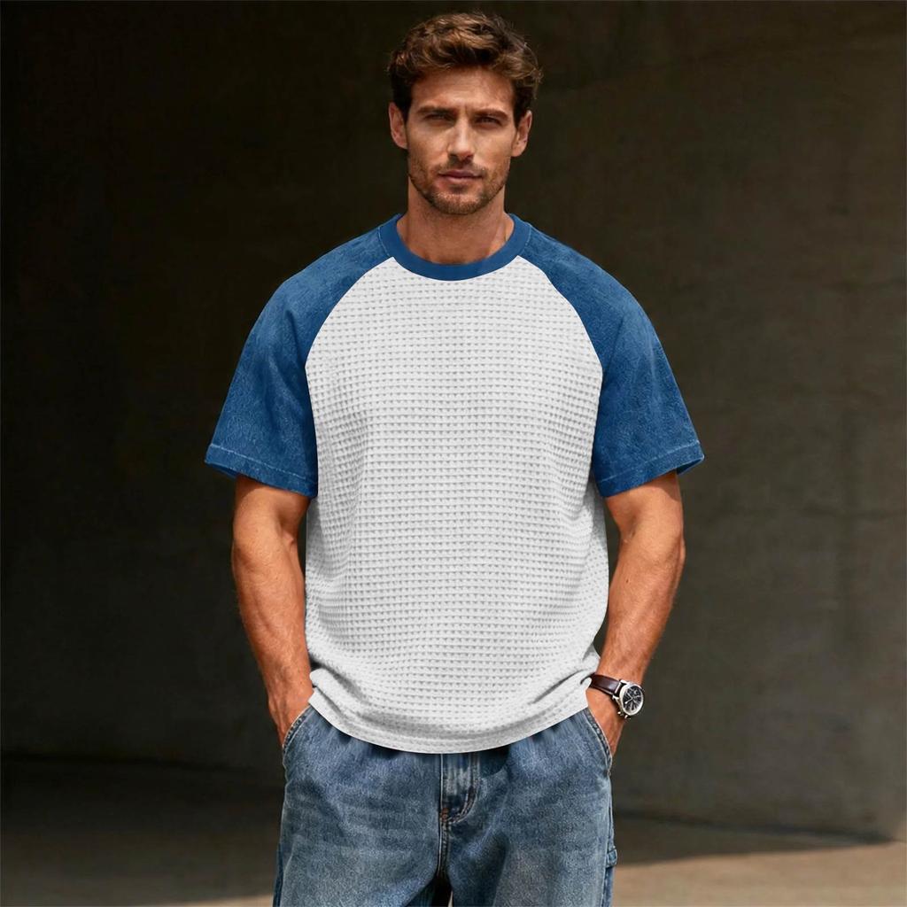 Men's Casual Lightweight Waffle Knit Raglan Short Sleeve Crew Neck Shirt Loose Fit Big Size Top for Everyday Wear