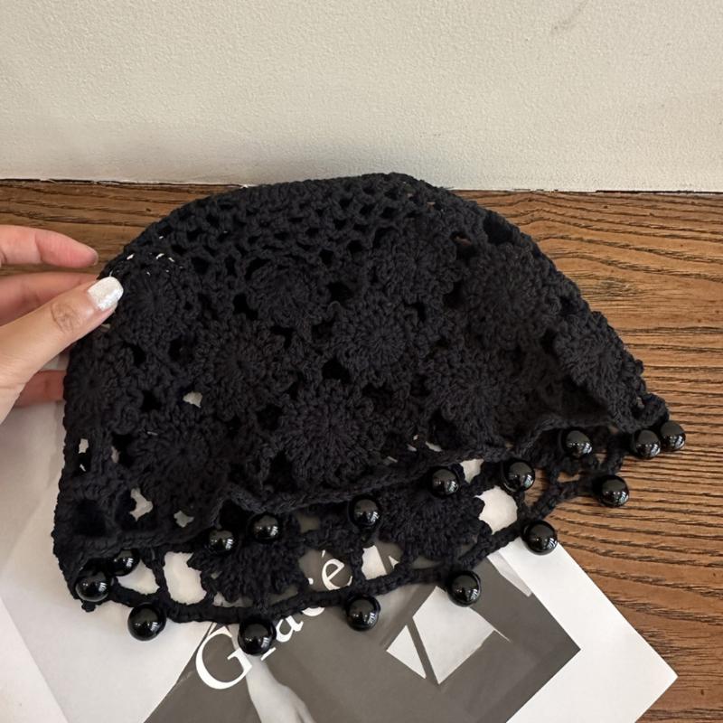 

Женская весенне-летняя тонкая ажурная вязаная шапка, связанная крючком, с цветами ручной работы, из хлопковой нити, с бисером, шапка-бини, модная повязка на голову One Size