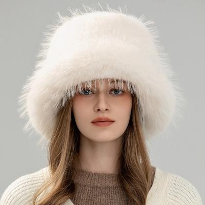 New Imitation Fox Hair Bucket Hat Women's Autumn and Winter Fashion Versatile Thickened Warm Plush Top Hat Japanese Show Small Face