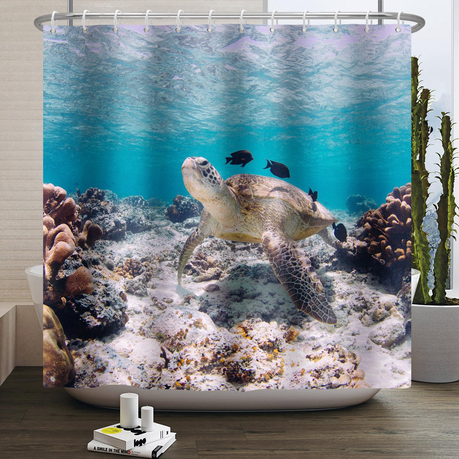 

Blue Underwater World Shower Curtain Dolphin Turtle Deep Sea Fish Aquatic Plant Home Bathroom Bath Curtain Waterproof With Hooks W60H190(CM)-1 Pcs