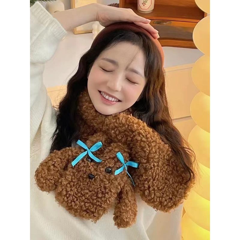 [Scarf, Hat and Gloves Three-piece Set] Plush Bow Gloves for Women's Winter Warm, Thickened and Cold-proof Riding