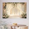 A Fashionable Floral Arch Wedding Background with White Curtains and Gentle Radiance