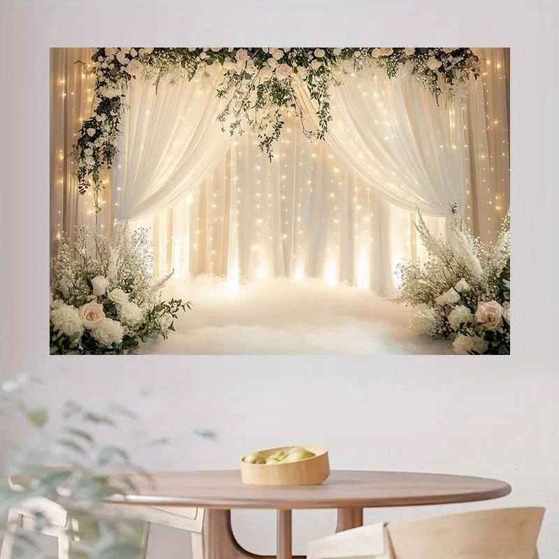 A Fashionable Floral Arch Wedding Background with White Curtains and Gentle Radiance
