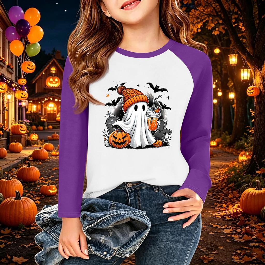 Kids Halloween Printed Long Sleeve T-Shirt, Casual Round Neck Top for Daily Wear and Party