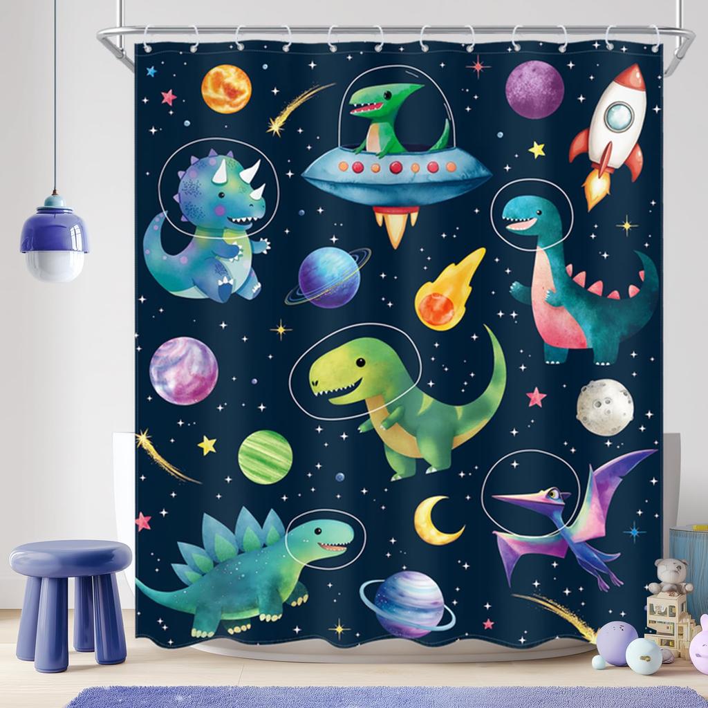 Cartoon Dinosaur Shower Curtain Fabric Hooks Children's Room Decoration Cloth Toilet Bath Curtain Home Background Wall Covering