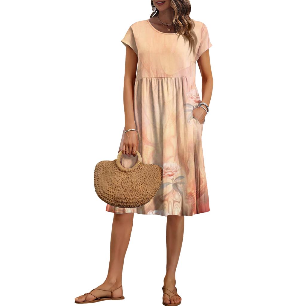 Women's Summer Fashion Casual Round Neck Short Sleeve Floral Print Dress