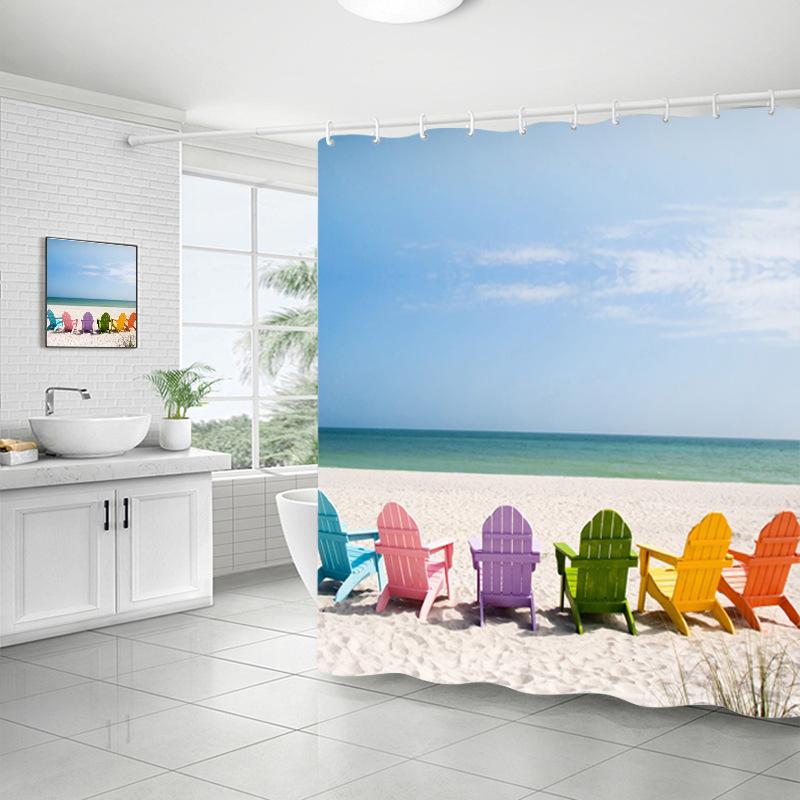 Shower Curtain Bathroom Fabric Non-Punching Beach Natural Scenery Digital Printing Shower Curtain With 12 Hooks