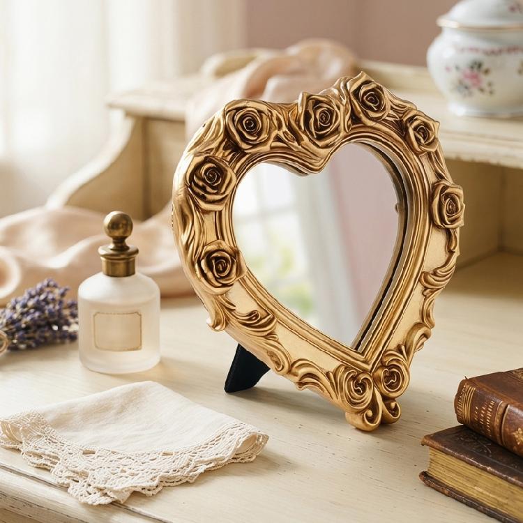 Heart Makeup Mirror Vanity Countertop Mirror with Rose Border and Back Stand for Dressers, Bedroom Shelf, and Daily Grooming