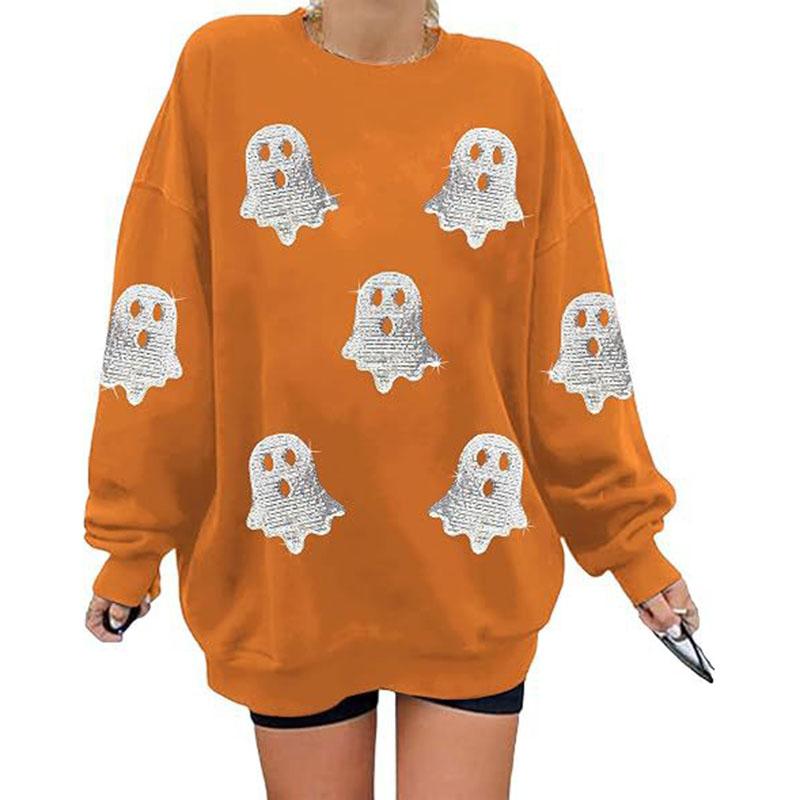 Hallowmas Ghost Print Long Sleeve Sweatshirt Women Crew Neck Oversized Pullover Top