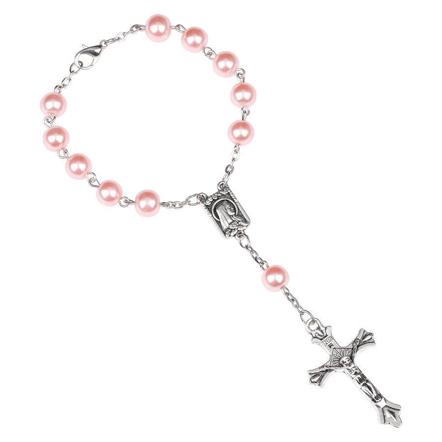 Purple Glass Pearl Rosary Bracelet With Cross Pendant Religious Jewelry