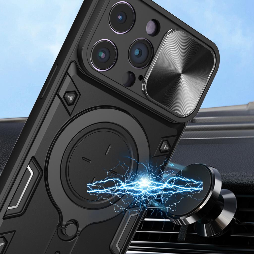For iPhone 15 Pro Slide Camera Lid PC+TPU Back Cover Rotation Kickstand Phone Case
