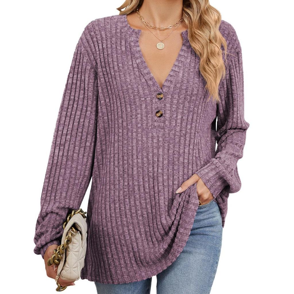 Loose Long Sleeve T-shirt Brushed Solid Color Women's Fall Winter New Leisure Ribbed Button
